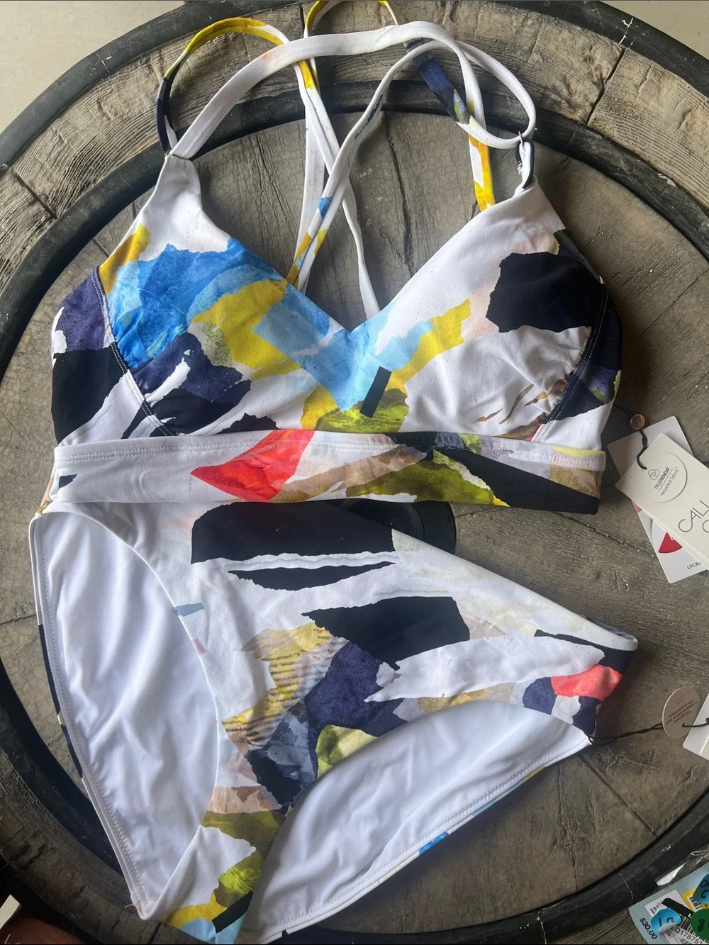 Abstract Multicolor V-Neck Bikini Set in White